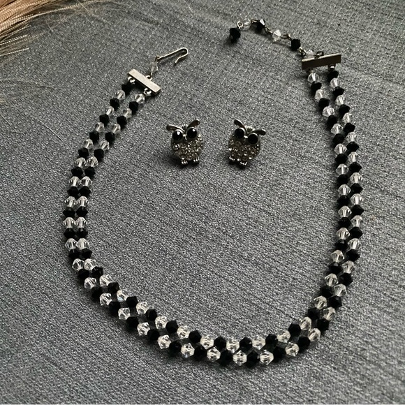 Vintage- Jet & Rock Crystal Double Strand Necklace w/ Owl Crystal Earrings - Picture 7 of 16